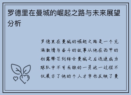 罗德里在曼城的崛起之路与未来展望分析