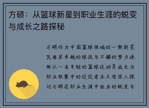 方硕：从篮球新星到职业生涯的蜕变与成长之路探秘