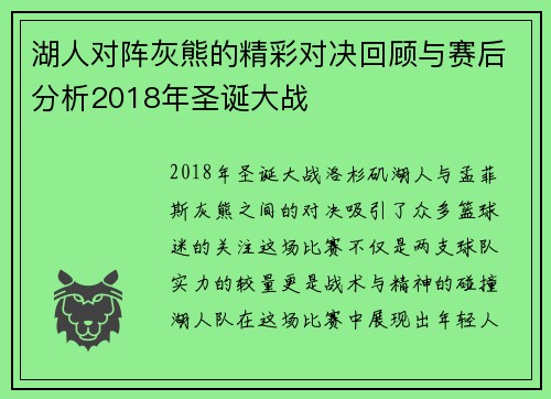 湖人对阵灰熊的精彩对决回顾与赛后分析2018年圣诞大战