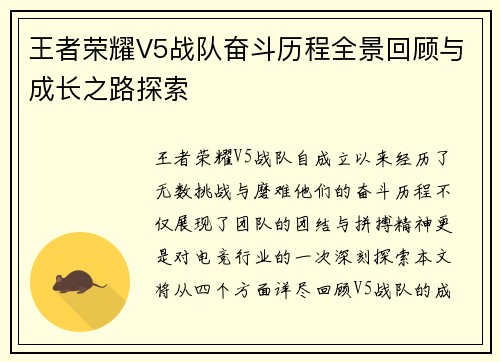 王者荣耀V5战队奋斗历程全景回顾与成长之路探索